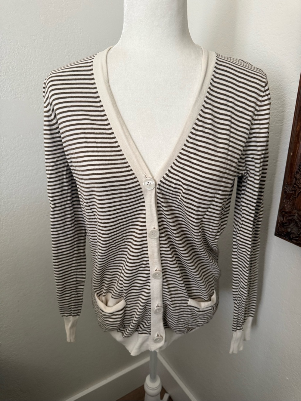 J. Crew Brown & Cream Striped V-Neck Button Cardigan